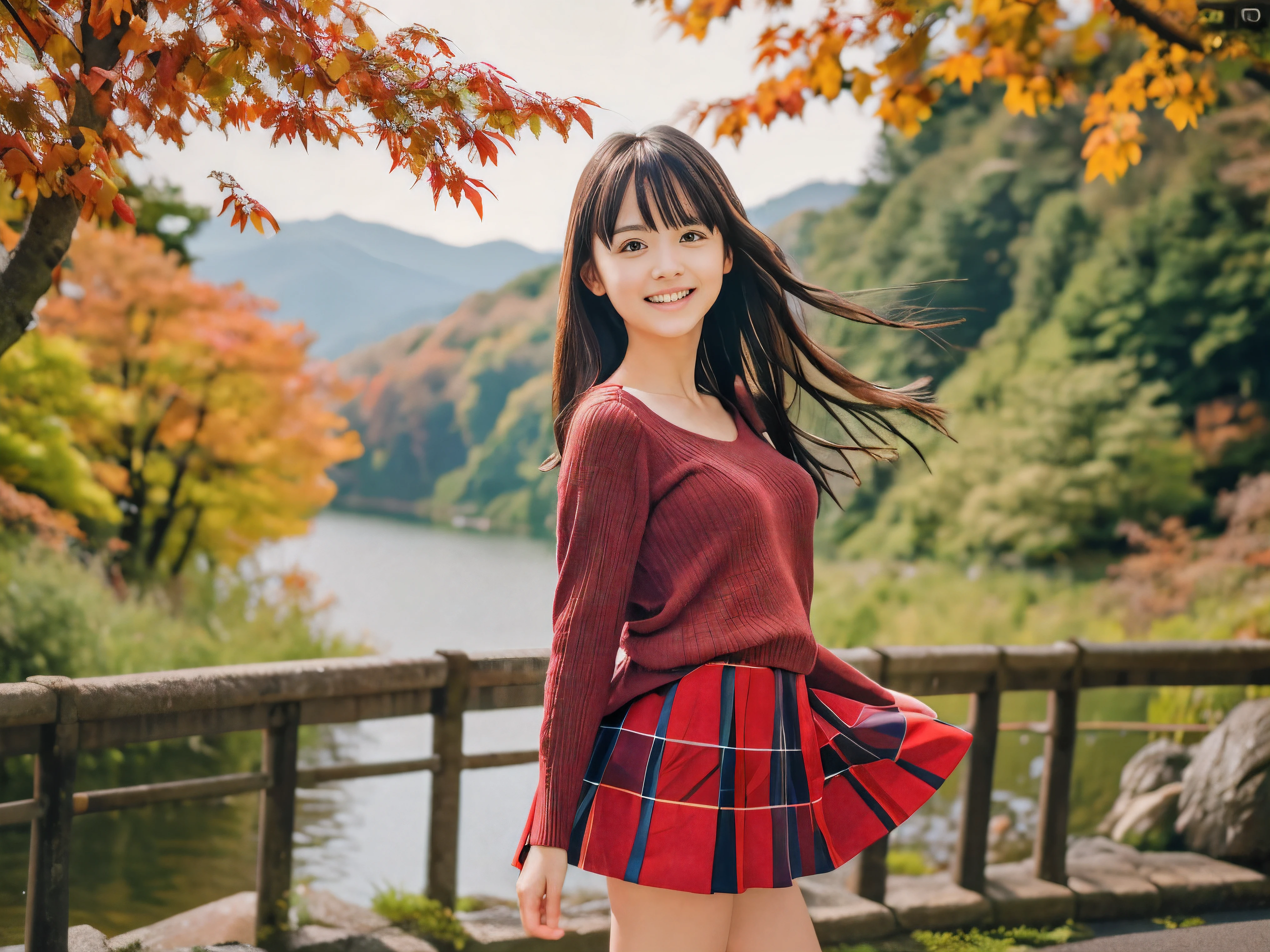 (Close up face shot of one slender small breasts dark silver long hair with swept bangs girl in a long sleeves shirt and sweater and skirt:1.5)、(One girl is dancing with happy smile on the dart road near the lake and big waterfall in Japan:1.5)、(Beautiful autumn red leaves landscpe:1.5)、(Natural light:1.5)、(8k ultra detailed master piece:1.5)、(perfect anatomy:1.5)、(Photorealistic stick:1.5)、(Raw photo:1.3)、(highest quality:1.5)、(High resolution:1.3)、(Delicate and beautiful perfect face:1.3)、(Delicate and beautiful eye air skin:1.3)、(Real Human Skin:1.3)、((thin legs))