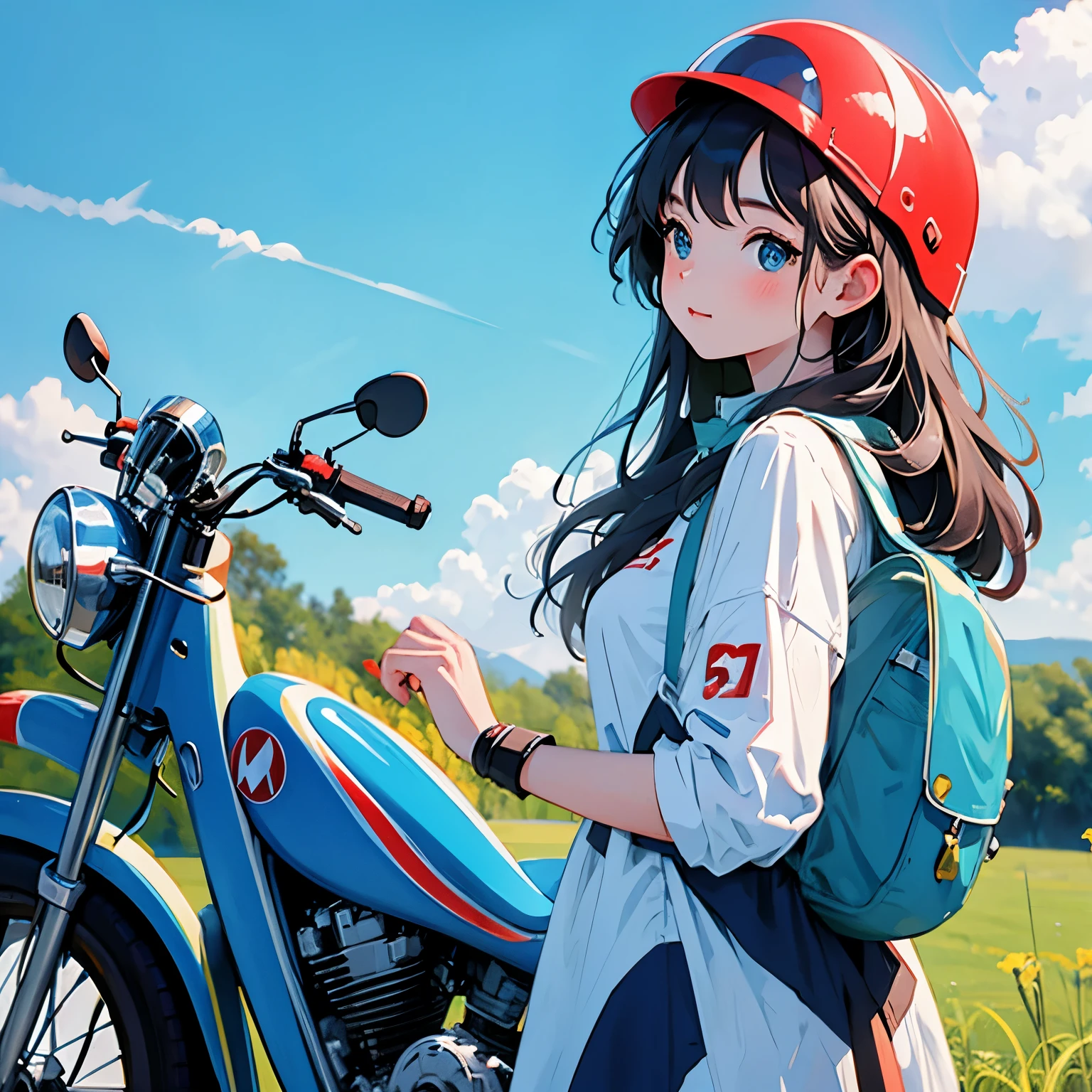 Honda Super Cub 50 and a girl, blue sky, a girl with long hair, a helmet, a road that seems to go on forever, a backpack on her back, and touring on a Super Cub.