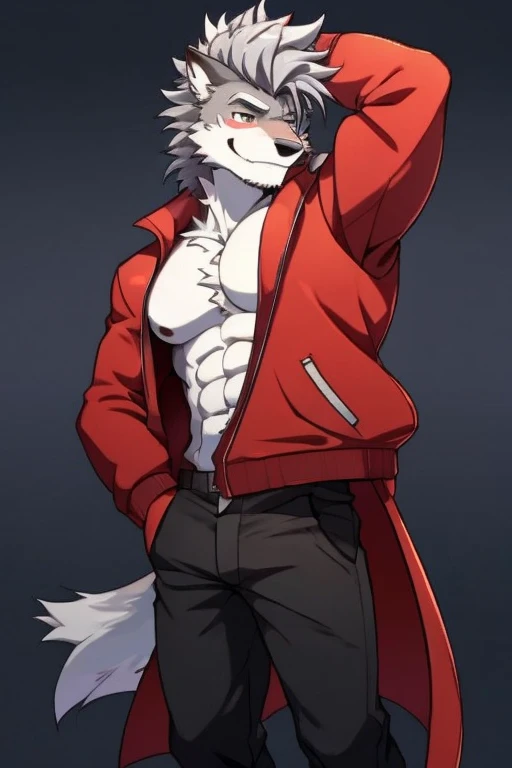 An Anime style Top Side Picture of A Muscular Kemono Furry Gray Wolf. He is Topless but with Red jackets and black pants with belts. His hand is gripping together behind his head. The background is gray. He have Gray very messy hair. He is looking at the viewer but his head turn sideways of him. His eyes are little red and Very white. He is standing in the background. He look like a video game character. He is smiling with his mouth open little and blushes with blushes on his face