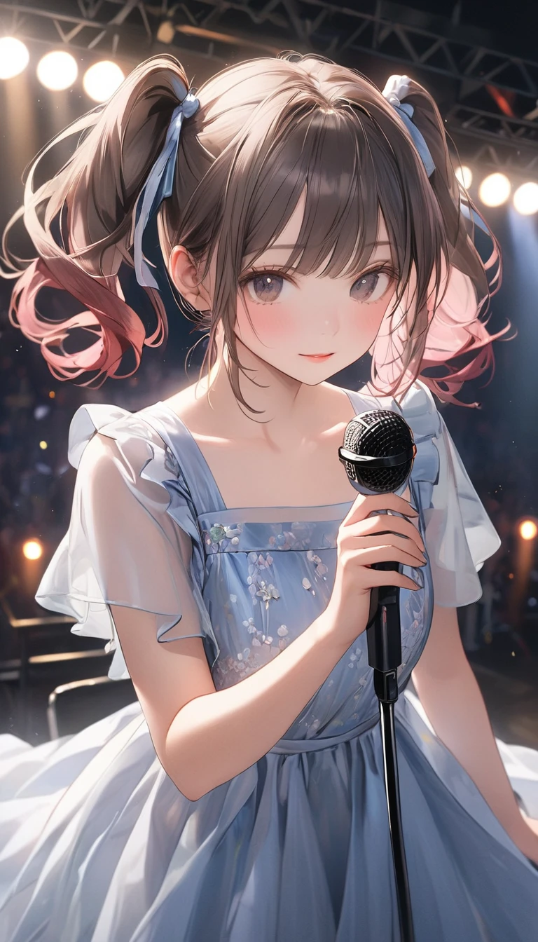 Beautiful young Japanese woman, Around , (((Wearing a dress))), Super detailed, 8k resolution, Very realistic, Cinema Lighting, Highest quality, masterpiece, Realistic, Physically Based Rendering, Very detailed, Vibrant colors, Professional, Sharp focus, Studio Lighting,((Outdoor Stage)),(((No makeup))),(((Singing with a microphone))),(((,Hairstyle: Twin tails hair color: Dark Greige)))