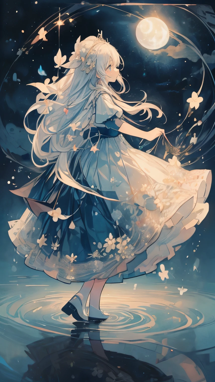 (Mastepiece), (Best Quality), Very detailed, 1 girl, (Full body solo shot:1.5), Perfect Face, beautiful girl, Very detailedな顔,(Blue long dress:1.4)、(Long white hair:1.5),(blue eyes:1.4),(Princess:1.4)、(White flower:1.4)、(Blue Butterfly々:1.3)、(starの粒子:1.3)、moonlight、流れstar、(night、star空、White Moon:1.4)、star々、moonlight