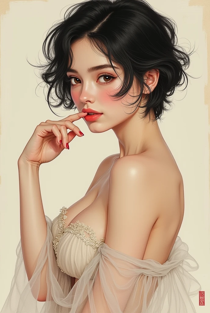 Mature Woman, Face portrait, Japanese painting gravure, senior citizen, Draw lips correctly, Red lipstick, pouting lips, ready to kiss, 16K, Highest quality, Very detailed, Realistic, Very detailed, (Chinese), alone, (huge natural breast), Mature Madam, sexy, Chromo White Skin, pov view, (nude, naked)