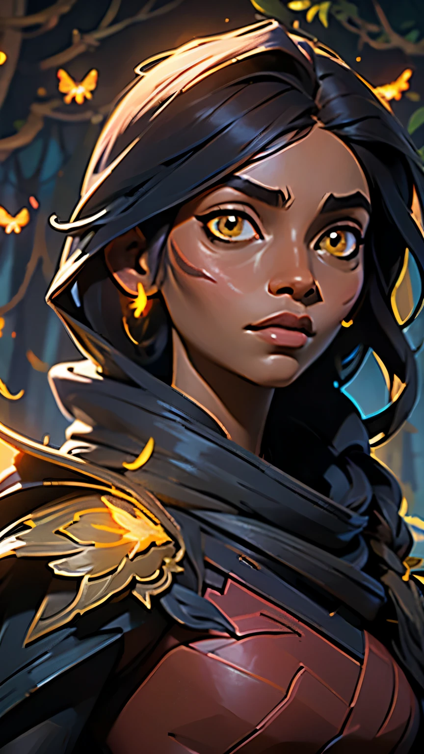 xayah, black-skinned, brown straight hair with bangs. Dark forest with fireflies, shiny yellow eyes. Concept art, portrait.