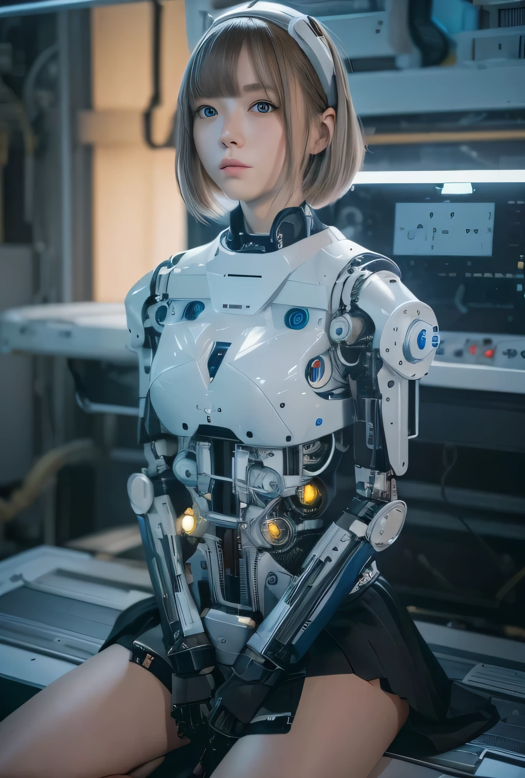 masterpiece, best quality, extremely detailed, Japanese android girl,Plump ,control panels,Mechanical Hand,Robot arms and legs, robot assembly plant,white robot body,blunt bangs,skirt,black knee high socks,sitting,blue  eyes