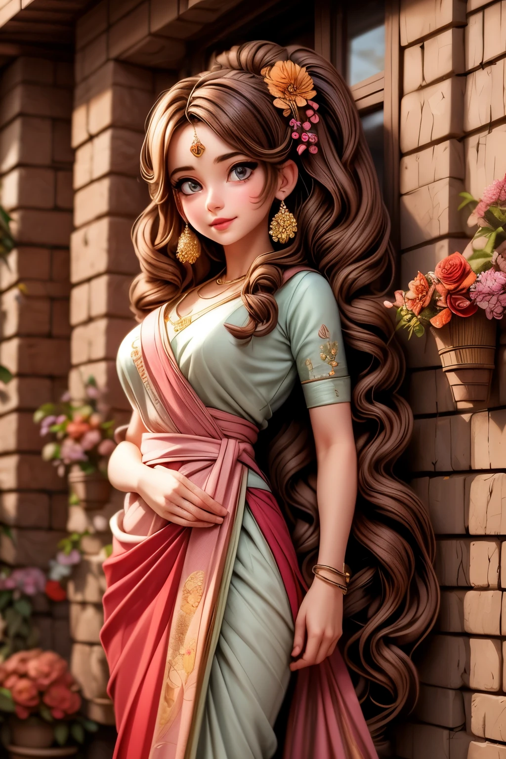 (masterpiece),(best quality:1.0), (ultra highres:1.0), detailed illustration, 8k, anime, 1girl, beautiful anime girl, in a sari, wearing a pink sari, pretty pose, pretty face, detailed face, beautiful eyes, dark red eyes, detailed eyes, red lips, red lipstick, slightly brown hair, pink flower on ear, highlights in hair, standing, red flowers on a tree in the back, open sky with clouds, detailed, intricate, anime style, highly detailed