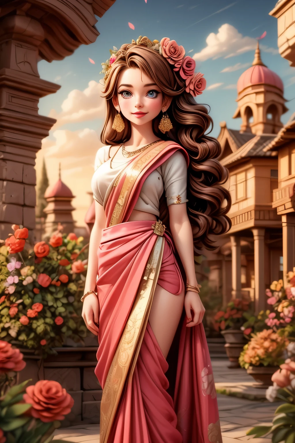 (masterpiece),(best quality:1.0), (ultra highres:1.0), detailed illustration, 8k, anime, 1girl, beautiful anime girl, in a sari, wearing a pink sari, pretty pose, pretty face, detailed face, beautiful eyes, dark red eyes, detailed eyes, red lips, red lipstick, slightly brown hair, pink flower on ear, highlights in hair, standing, red flowers on a tree in the back, open sky with clouds, detailed, intricate, anime style, highly detailed