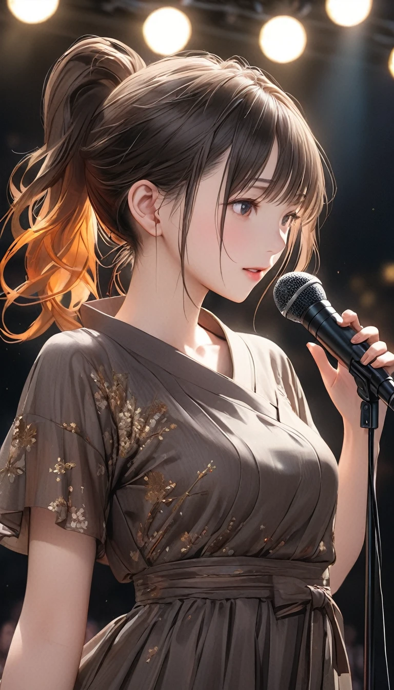 Beautiful young Japanese woman, Around , (((Wearing a brown dress))), Super detailed, 8k resolution, Very realistic, Cinema Lighting, Highest quality, masterpiece, Realistic, Physically Based Rendering, Very detailed, Vibrant colors, Professional, Sharp focus, Studio Lighting,((Outdoor Stage)),(((No makeup))),(((Singing with a microphone))),(((,Hairstyle: Ponytail Hair Color: Dark Greige)))