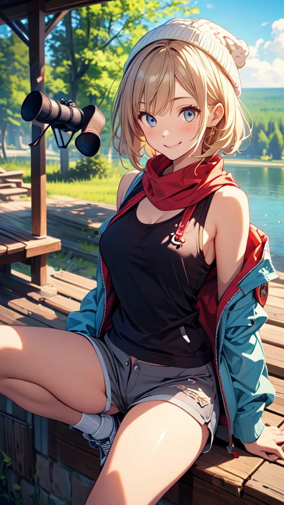 masterpiece, best quality, 1girl, solo, light smile, mountain, lake, meadow, panorama, jacket, kneehighs, boots