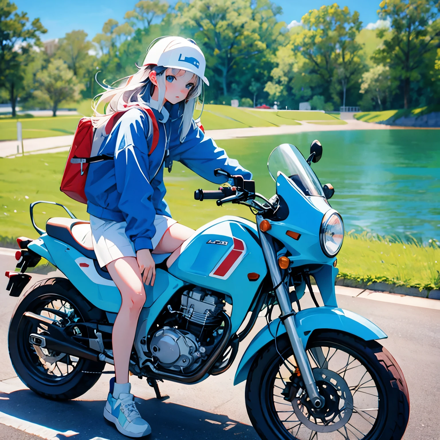 Honda Super Cub 50 and a girl, blue sky, a girl with long hair, a helmet, a road that seems to go on forever, a backpack on his back, sneakers, and touring on a Super Cub.