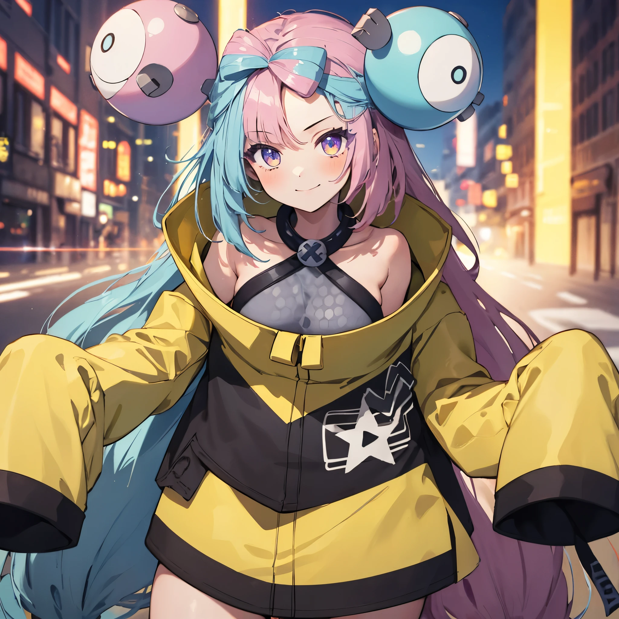Anime girl with blue hair and pink ears walking down the street - SeaArt AI