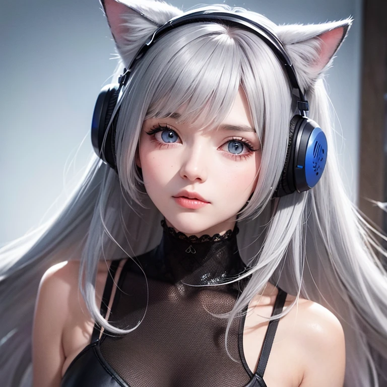 silver hair, ahoge, wavy hair, hair bobbles, mole under eye, amber eyes, cat ear headphones, bored, fang, Ashcan School, anime style, Fujicolor, afterimage, cowboy shot, lens flare, 8k, high details, textured skin, 8k --auto