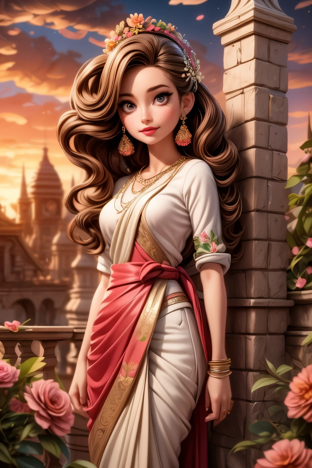 (masterpiece),(best quality:1.0), (ultra highres:1.0), detailed illustration, 8k, anime, 1girl, beautiful anime girl, in a sari, wearing a pink sari, pretty pose, pretty face, detailed face, beautiful eyes, dark red eyes, detailed eyes, red lips, red lipstick, slightly brown hair, pink flower on ear, highlights in hair, standing, red flowers on a tree in the back, open sky with clouds, detailed, intricate, anime style, highly detailed