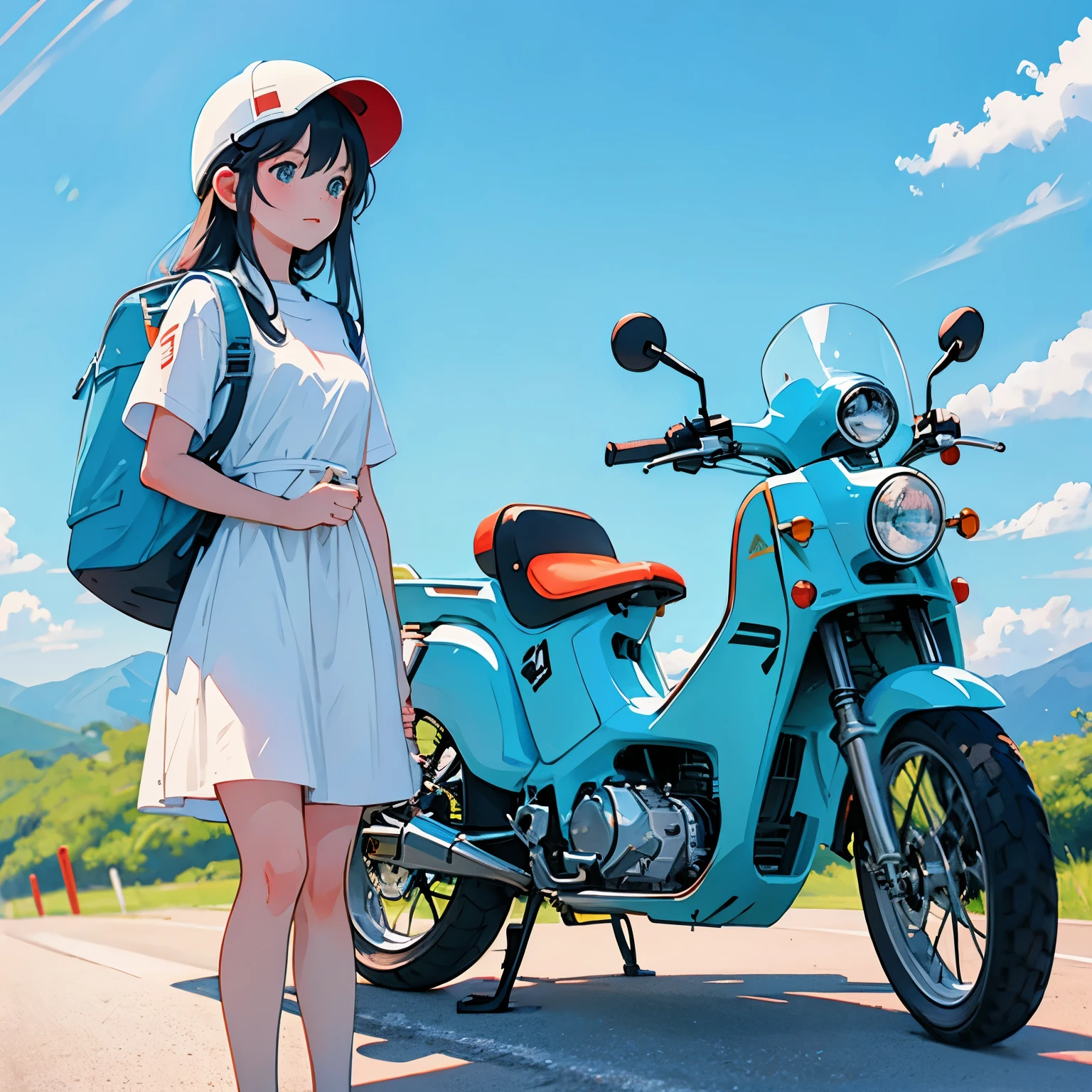 Honda Super Cub 50 and a girl, blue sky, a girl with long hair, a helmet, a road that seems to go on forever, a backpack on his back, sneakers, and touring on a Super Cub.