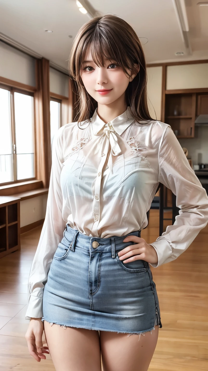 (realistic, photo-realistic:1.4), (best quality, masterpiece), RAW photo, high resolution, intricate details, extremely detailed, sharp focus, professional lighting, (full body), solo, 1girl, (looking away:1.2), (white see-thru sheer lace blouse, black bra, bra visible through clothes, denim miniskirt), (hands on hips), detailed eyes, beautiful pupils, sophisticated nose), big smile, photo background, indoors, home,