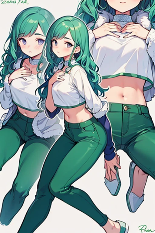 ((Best Quality)), ((masterpiece)), (detailed), (4k), 1 girl,( white crop top blouse),( tight green pants),(hands on his chest),( Blue hair),( wavy fur),(violet eyes),((viewer view)),((front view)),(Whole body),(Zoom)