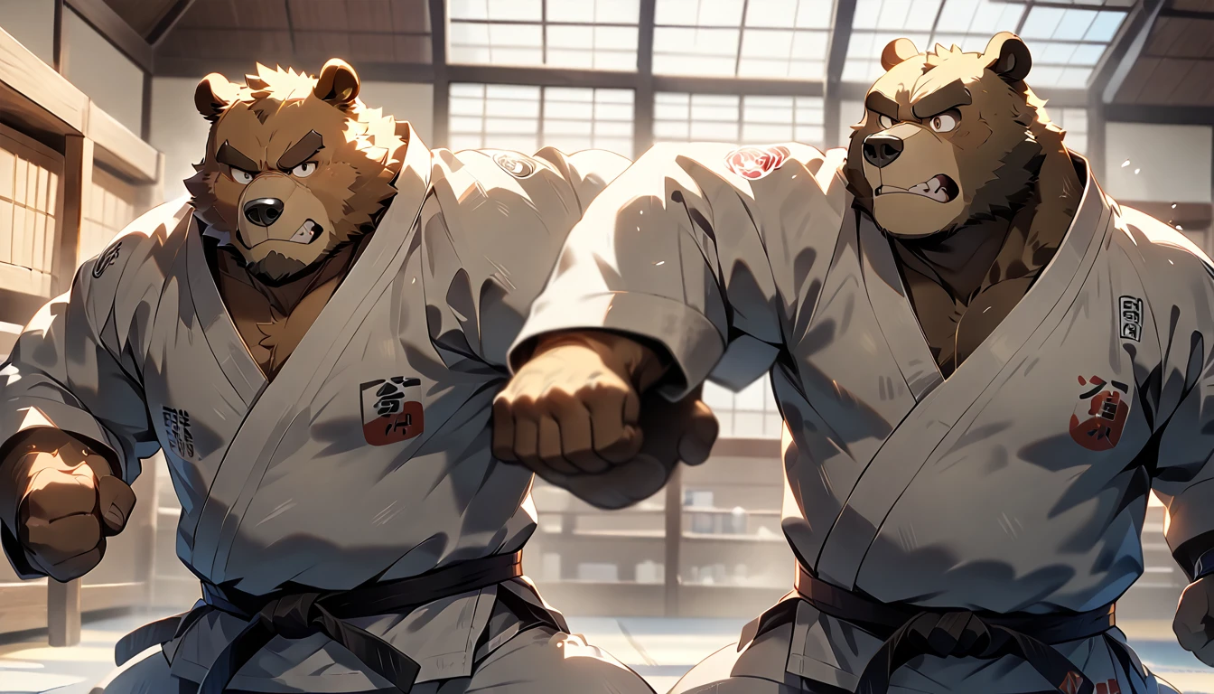 dynamic angle, dynamic pose, looking away, plump middle-aged Japanese bear man versus plump middle-aged Japanese bear man, fighting, judo, black belt, standing, attempting a throw, brown eyes, beautiful beard, male face, big face, square jawline, male eyes, sharp eyes, big eyes, male eyebrows, innocent look, fluffy body, BREAK judo Dojo, masterpiece, best quality, very aesthetic, absurdres,