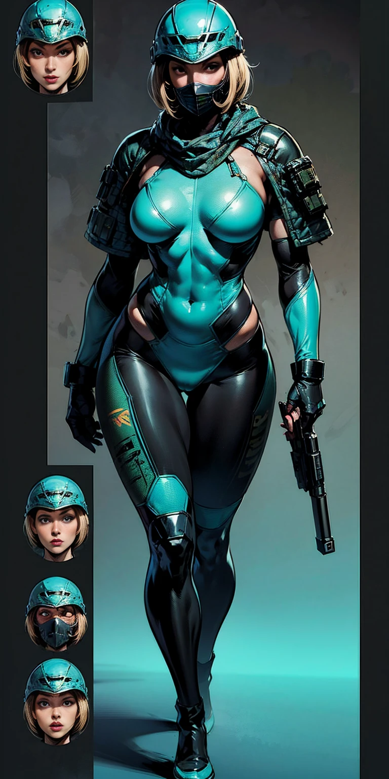 Masterpiece, High quality, ((character concept art)), ((character design sheet, same character)) a futuristic-looking female military commander, wearing a ((kevlar helmet)) and is dressed in ((turquoise suit)), holding weapon, holding gun, wearing epTactical, XCOM game inspired, XCOM character, ((wide hips)) tall, video game character design, accessories, Expert high detail concept art, comic book style, intricate comic book outline line work, flat colors, concept art, solid background