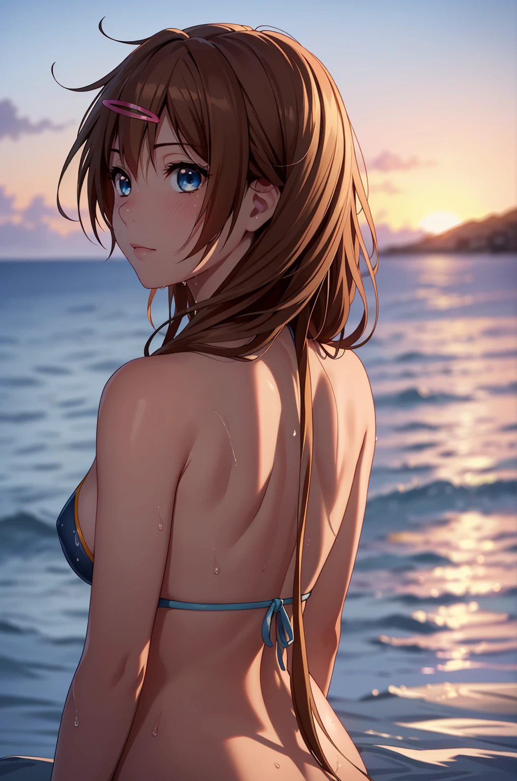 ((masterpiece, Highest quality, High resolution, uhd, Pixel perfect, Depth of written boundary, 4K, RTX, HDR)), 1 Girl, single, alone, 24-years-old, Anime Girls, Beautiful art style, anime character, ((Parted bangs, Brown Hair)), (blue eyes、Round eyes, Delicate eyelashes、Beautiful eyelashes, Perfect Eyes), (Detailed face:1.2), (Smooth texture:0.75, Realistic texture:0.65, Realistic:1.2, Cinematic, Anime CG Style), Perfect body、Moderately good breasts:1.7、Micro Bikini:1.8、Wet、Water Drop、nsfw、Ocean岸:1.8、Turning away:1.8、sunset:1.8、The whole body is visible:1.8、Ocean:1.8、Swimsuit strings:1.8、Seen from behind:1.8、Look ahead