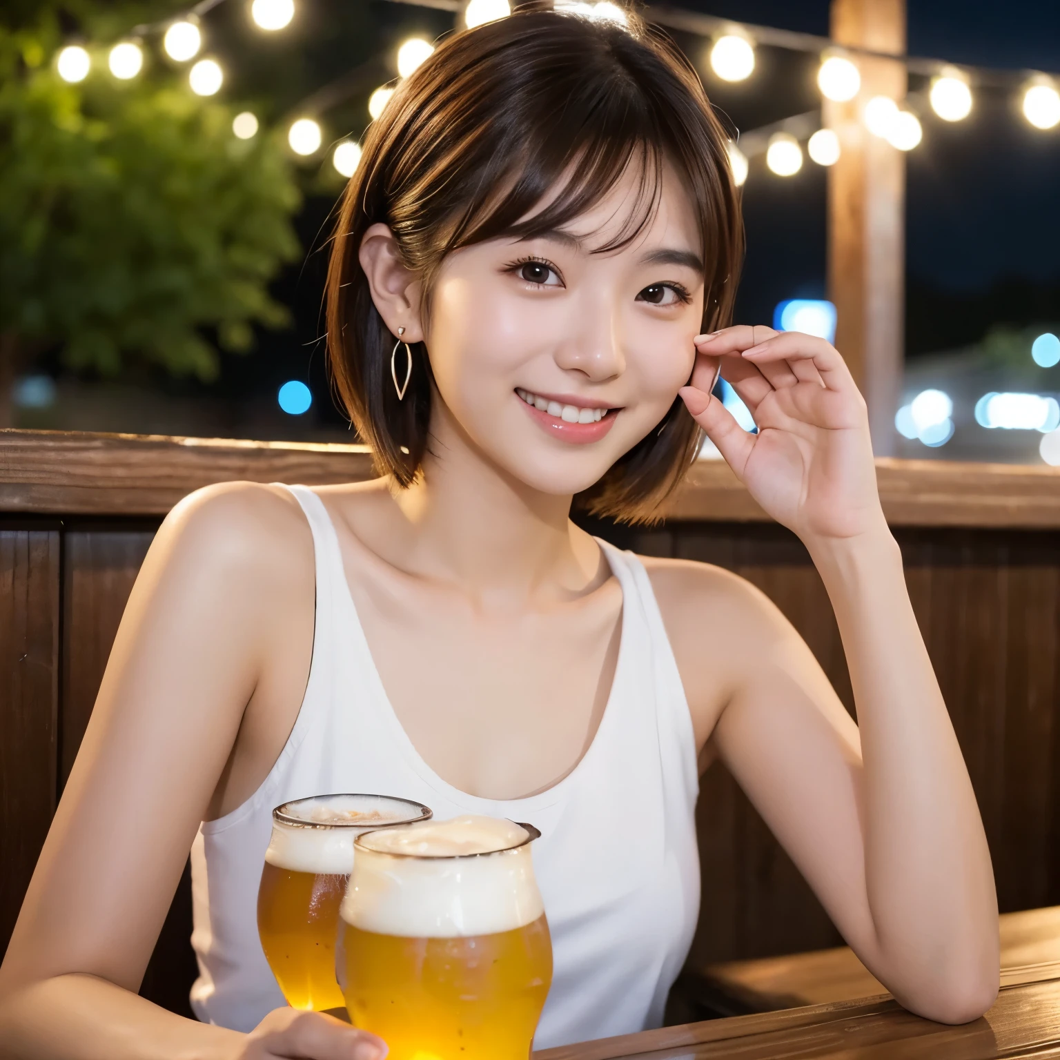 A very cute face like an idol、Looks like a young face、20-year-old female、Gentle and cute、A kind smile、White, sheer blouse、((whole body像))、Cleavage、A crowded bar、Toast with a beer mug、Cinema lighting、Natural light、whole body、RAW Photos、Genuine、Artistic、(High level of artistry)、High quality that is indistinguishable from real life、realism、Real Stick、High resolution、masterpiece
