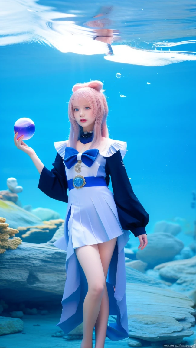  (best quality), (masterpiece), (Ultra-high resolution), (Clear face), （Reality： 1.4）, (perfect lighting),(photorealistic:1.30), Cold light, A woman underwater, Full body photo, blue water anime wallpaper, Guviz style artwork, fantasy close-up with water magic, by Yang J, Guviz, beautiful artwork illustration, water fairy, beautiful digital artwork, beautiful digital illustration, Li Song, beautiful anime portrait, art style at Beauvot, In the sea, coral reefs, fish, sea views, Anemone, sangonomiya kokomi,1girl,pink hair,purple eyes,bangs,colorful hair,hair decoration,solo,bow shaped hair,gradient hair,long hair,bows,long hair,dress lifter,looking at the viewer,dress lifter,skirt ,sweater,gray skirt,long sleeves,small breasts,sleeves past the wrist,blurred,lifting the sweater,standing,pulling clothes,lips ,long skirt, (upper body),