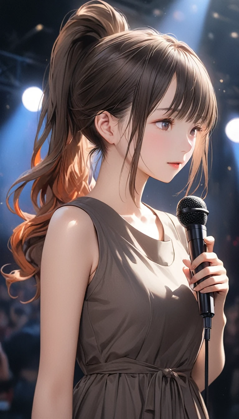 Beautiful young Japanese woman, Around , (((Wearing a brown shift dress))), Super detailed, 8k resolution, Very realistic, Cinema Lighting, Highest quality, masterpiece, Realistic, Physically Based Rendering, Very detailed, Vibrant colors, Professional, Sharp focus, Studio Lighting,((Outdoor Stage)),(((No makeup))),(((Singing with a microphone))),(((,Hairstyle: Ponytail Hair Color: Dark Greige)))