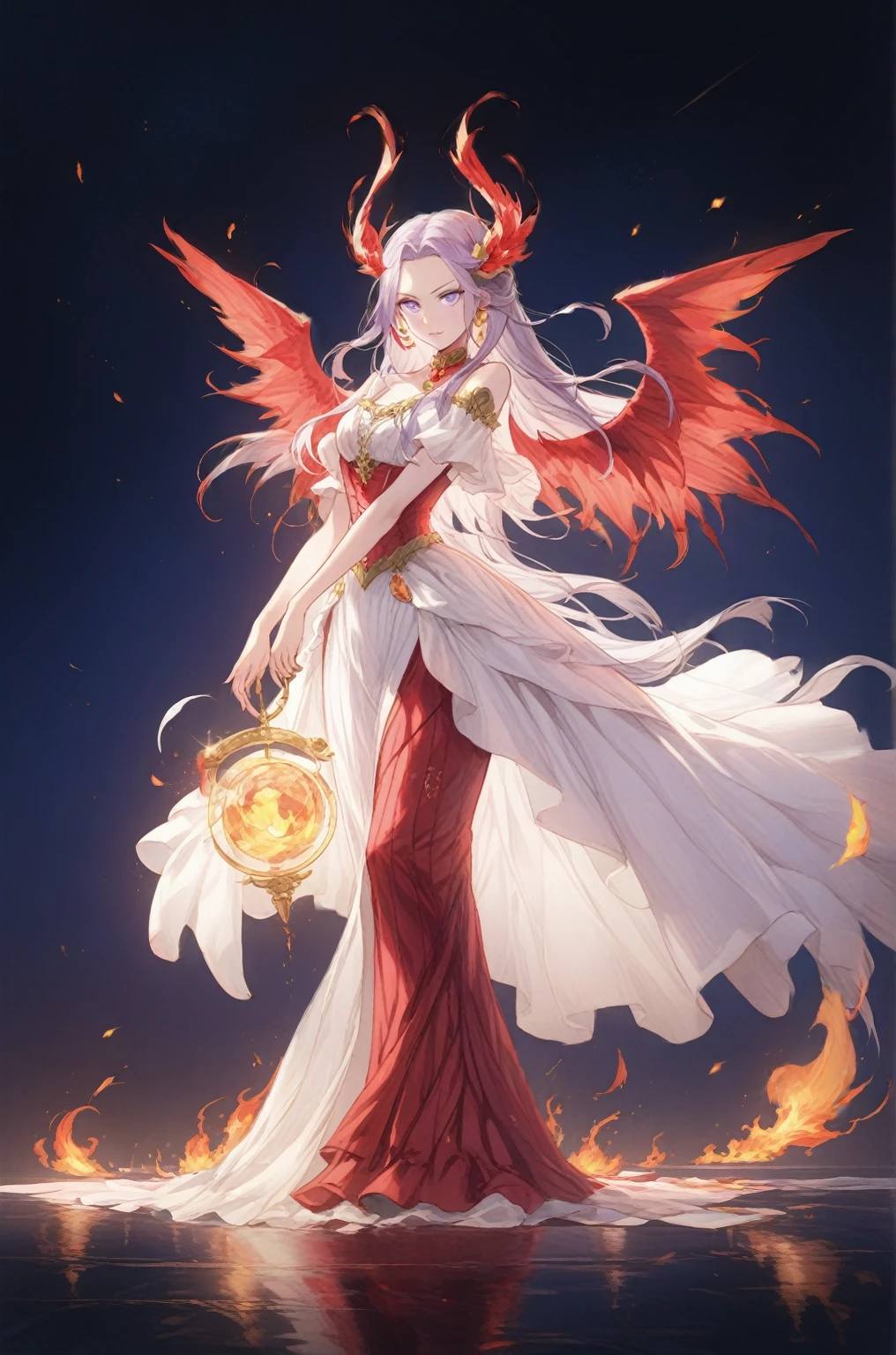 (masterpiece,best quality,absurdres,4k,8k:1.2),1girl,phoenix emperor edelgard_von_hresvelg,Long middle parted white hair,purple eyes,brightly lit fire in the middle of a serene night, fiery sparks rising, a majestic phoenix ((wearing a fiery feathered dress)) emerging from the flames descends, flaming wings with intricate details and vibrant colors, feathers softly glowing with warm hues, eyes glowing with intense light, feathers softly glowing with warm hues, wings spreading wide in mid-flight, radiating fiery energy,((crimson witch of flames costume)), ultra-detailed,transcendent beauty,awe-inspiring artwork,face focus,dsmile:.25,eye focus