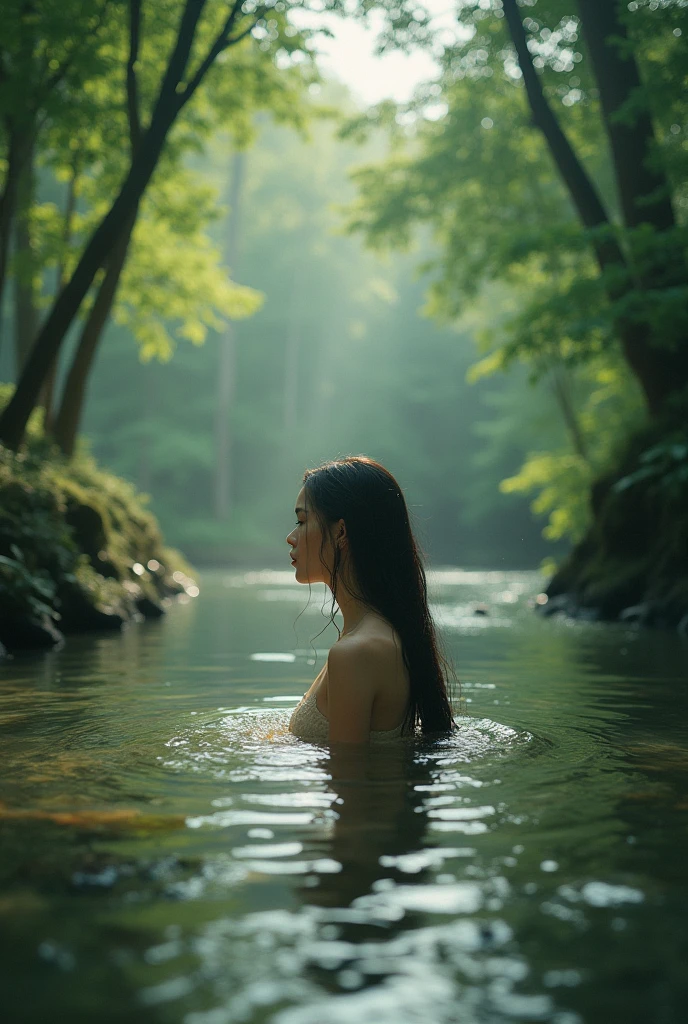 maozonia indigenous girl, 18 years old, bathing in a river, in the middle of the forest, a jaguar watching from afar, sad, Clockpunk, Gamercore, street level view, Blender rendering, 100mm, Sculpture, iridescent colors, Medicalcore, strobe lighting, ultra realistic, photorealistic, octane render, unreal engine, hyper detailed, volumetric lighting, hdr, octane render, fantasy 4k 8K