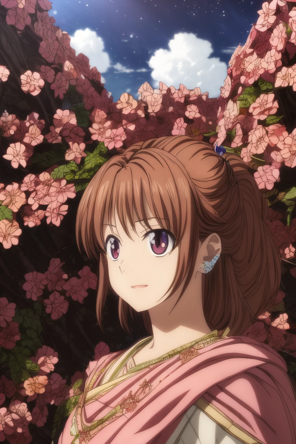 (masterpiece),(best quality:1.0), (ultra highres:1.0), detailed illustration, 8k, anime, 1girl, beautiful anime girl, in a sari, wearing a pink sari, pretty pose, pretty face, detailed face, beautiful eyes, dark red eyes, detailed eyes, red lips, red lipstick, slightly brown hair, pink flower on ear, highlights in hair, standing, red flowers on a tree in the back, open sky with clouds, detailed, intricate, anime style, highly detailed