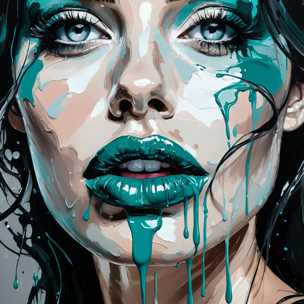masterpiece,best quality,ultra high res,(abstract art:1.4),bleeding blue,blue theme,visually stunning,beautiful,evocative,emotional,(side view of a woman bleeding paint),crying paint,looking at viewer,