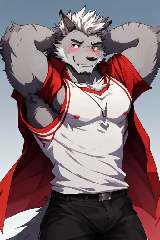 An Anime style Top Side Picture of A Very Muscular Kemono Furry Gray Wolf. He is only wear mostly white and Red T-Shirt and black pants with belts. His both hand is gripping together behind his head like a sexy pose. The background is All white. He have Gray messy and spikey hair. He is looking at the viewer but his head turn sideways of him. His eyes are little red and Very white. He is standing in the background. He look like a video game character. He is smiling with his mouth open little and blushes with blushes on his face. His tail is very long and gray