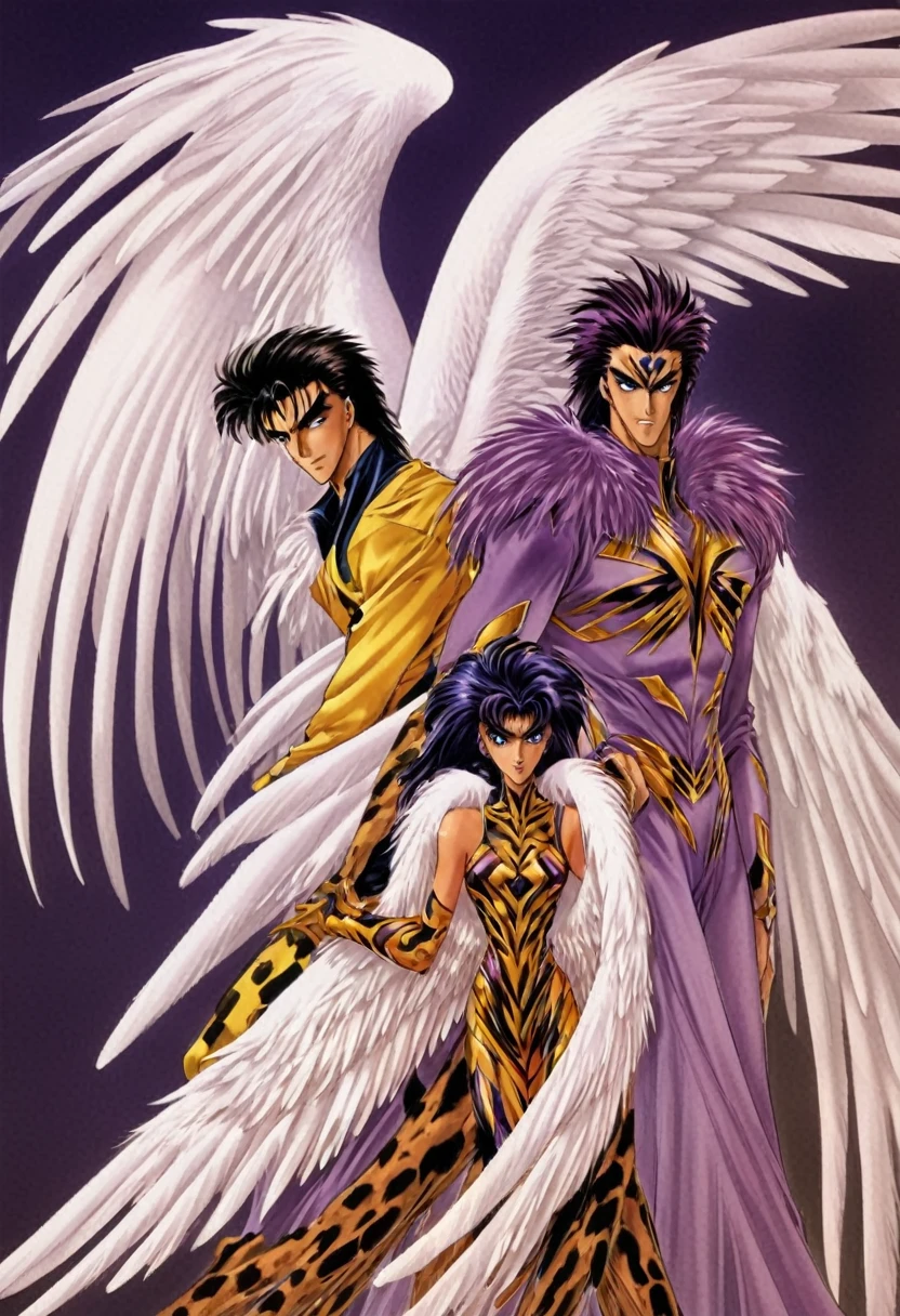 Retro vintage 80s-90s anime style semi-realism humanoid characters of Shi'ar race from Marvel's X-Men with near human avian features anthros, feathered crests, vestigial wings, resembling humans quite humanlike, both males and females