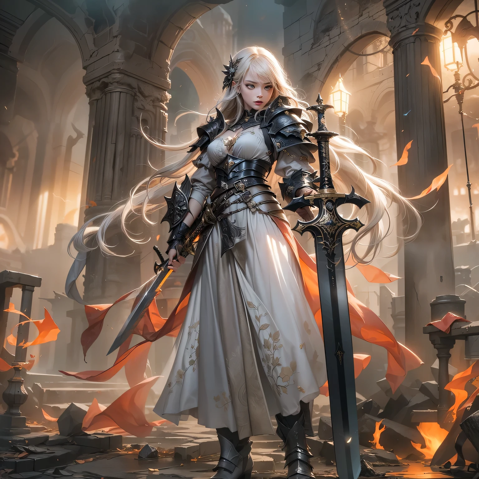 (by Greg Rutkowski: 1.2), (masterpiece), (best quality), extremely delicate and beautiful, illustration, a woman with sword in front of ruins of a cathedral, standing in ruins, noelle (genshin impact), 1girl, weapon, armor, holding weapon, sword, holding, holding sword up, from behind, 1girl, (green_eyes:1.2//), silver hair, short_hair, medium_breasts, hair_flower. From Brian Froud and Carne Griffiths and Wadim Kashin and John William Waterhouse, 8K post-production, high resolution, hiper detailed, depth of field, HDR, intricate
