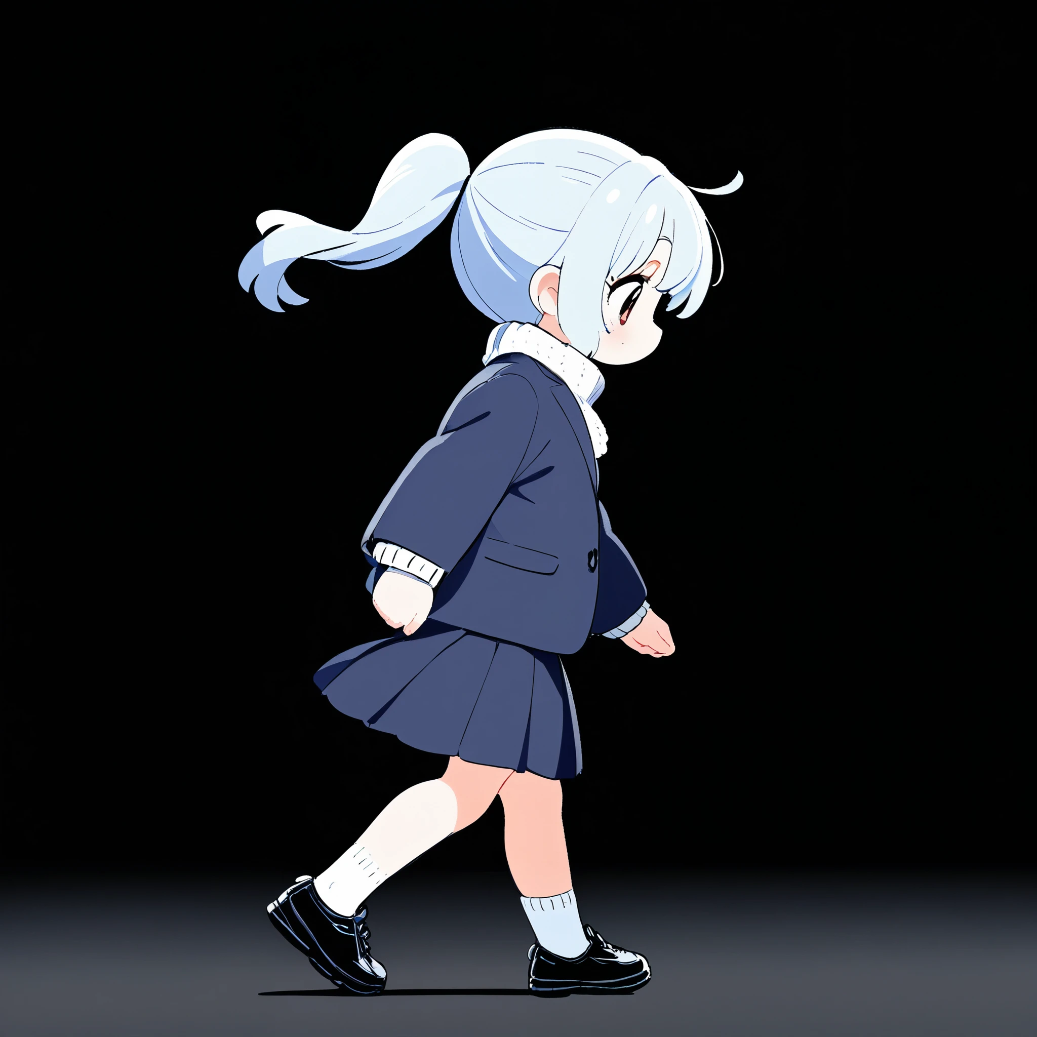 ((Top quality)), ((Masterpiece)), A girl with big eyes and light blue hair and a ponytail is walking, wearing winter clothes including a navy blue blazer and navy blue skirt. white short socks. black shoes. black background. profile.