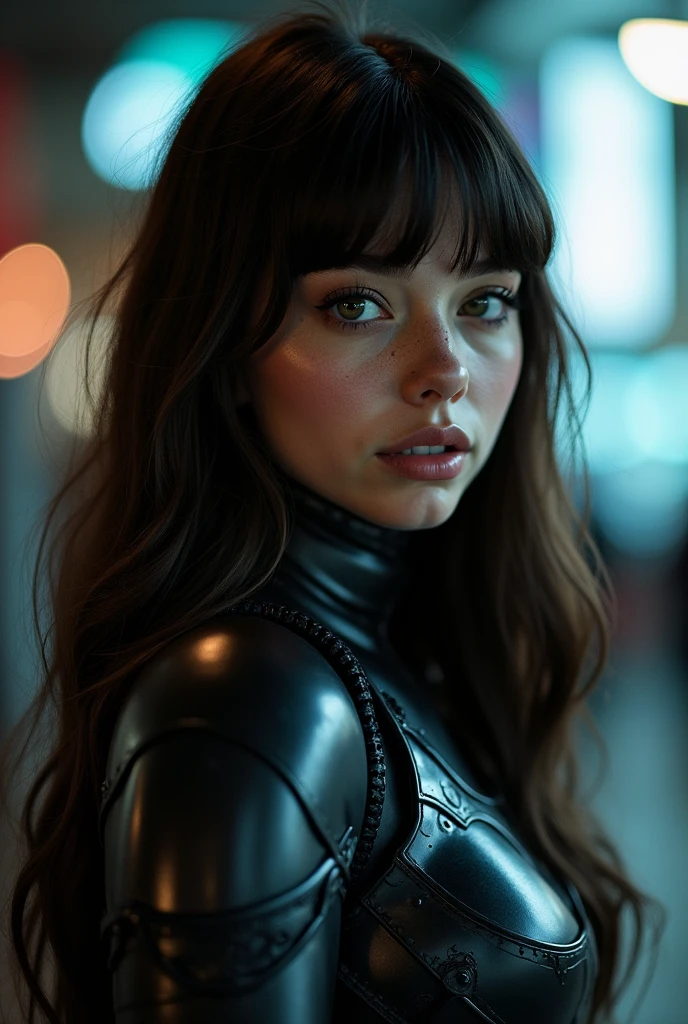 , gorgeous cute ukrainian girl, big smile, freckles, (dark skin:1.4), (platinum brown long bangs hair:1.4) (Princess make-up:1.4), (masterpiece, best quality), 1girl, a girl in the dark, mecha, sci-fi armor, black matte angular armor, Bladerunner 2079, (lora:IOS_Iridescent_opal_style:0.8), wearing glasses, sexy look, famous beautiful model, good young girl, (masterpiece:1.0), (best_quality:1.0), ultra high res,4K,ultra-detailed, photography, 8K, HDR, highres, absurdres:1.2, Kodak portra 400, blurry background, bokeh, lens flare, (vibrant_color:1.2),professional photograph, (beautiful_face:1.5),(narrow_waist). --v 6