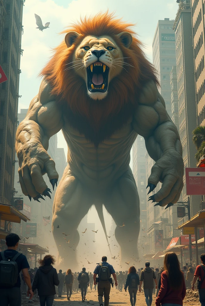 A colossal giant moster Tiger wrestles with an Gargantuan giant monster Bear in a City Street, while people cower beneath them,  <lora:[XL]GiantMonster:.4>,  <lora:EnvyZoomSliderXL01:-1>