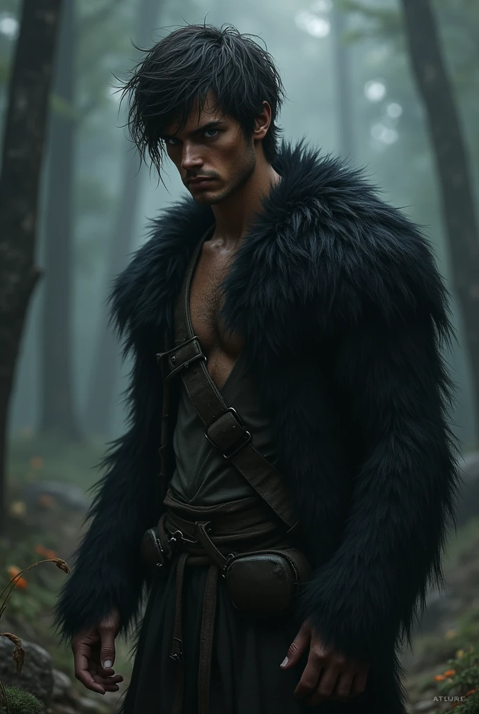 ultra detailed 8k cg, perfect face, insanely handsome face, mature male, armor, revealing clothes, spotlight, looking at viewer, hyperrealistic, werewolf power, sassy look, elegant, forest background, rain, foggy, short messy hair