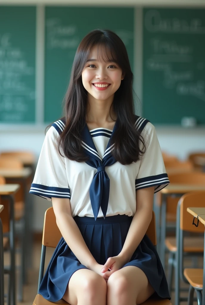 (masterpiece, highest quality:1.2), 8k, Young and beautiful girl, 85mm,Official AR RAW Photos, Baby Face、Big in clothes、show me your ears、photo shoot, Cute face, Thighs, Classroom after school, Looking at the audience, Embarrassing、smile、No makeup, Film Grain, chromatic aberration, Sharp focus, Face Light, Bright lighting, 10 generations, Detailed face, Background blur、((((((18 year old high school girl))))))、Narrow waist、Sailor suit、Not wearing a skirt、pubic hair、vagina/Pussy