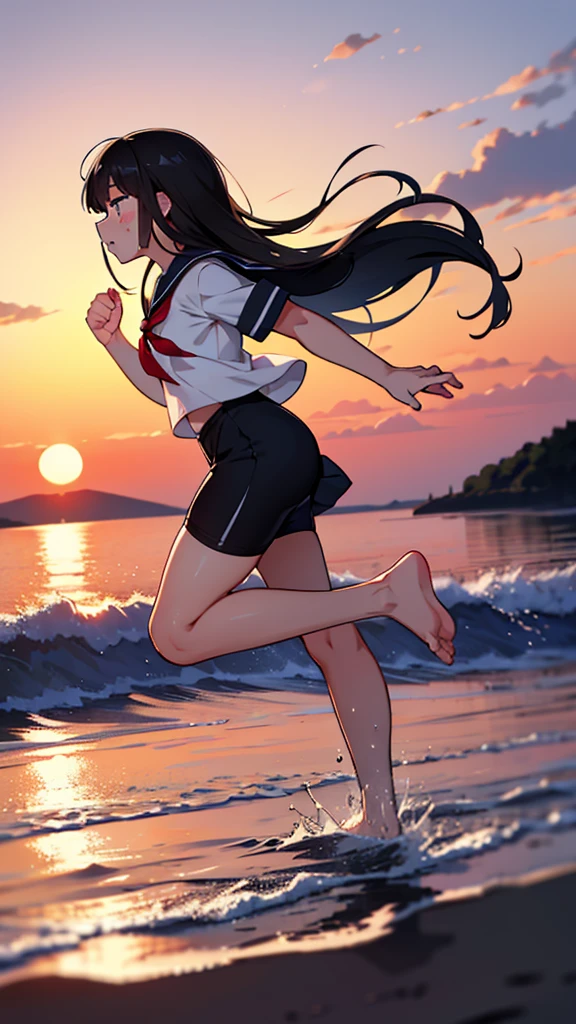 Profile, Full body, Running, Long black hair, Sailor suit, Sunset, Crying, Desperation, High resolution, High quality