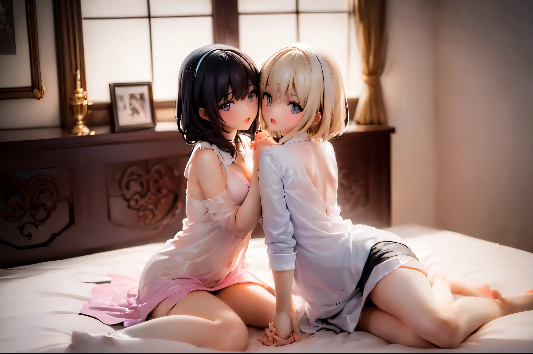 (Two girls hugging each other and holding hands:1.8), (Sitting on the bed:1.5), (Torn and tattered nun&#39;s uniform:1.5)、(Big Breasts、Cleavage、Butt:1.5), (Crying in fear:1.5), (Simple Background:1.8), (Highest quality, masterpiece: 1.5), (2.5D)、(((Skin glowing with oil:1.3)))、(Body covered in milk:1.5)、 (dynamic angle:1.8), (Raise the hand, Leg spread:1.3), ((((Wet)))), (((Spread your legs:1.5))),extremely quality photograph, Sharp focus, Spectacular realism, Realistic, sauce_photograph, Proper placement, evaluation_Explicit,32K,(photograph realistic:1.3),whole body, View your viewers, Break 1 Female, short hair, Arms raised and armpits,   A large amount of semen adheres to the body. ((Soaking wet)), Woman being fondled by 多くの手, Shiny wet background, (((groped by many disembodied hands、Grabbed))), Orgasm Expression, whole body,(((Grab your arm, caress the face, Massage, Explore, Grab, Grab your chest, touch))), (Oily wet skin;1.3), ((Soaking wet)),  Very good, No pants, (squat), (Spread your legs), (Skinny body), Beautiful white skin, Small Mouth, Realistic skin texture, sexy, Browsing Caution, 