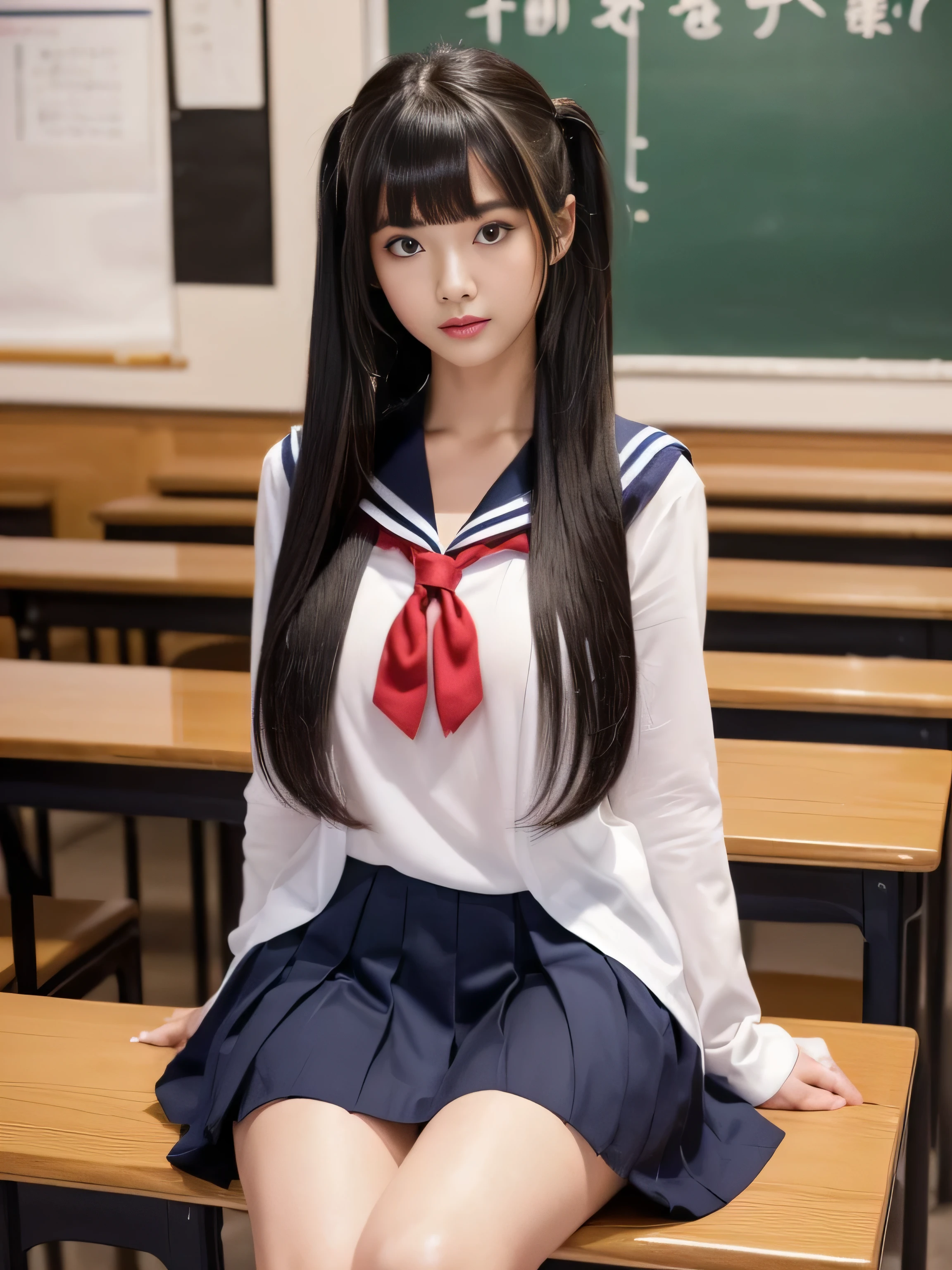 (Upper Body Shot:1.1)　(Waist up shot:1.1)　(wear Japanese School Uniform, Japanese girls uniform, Japanese , Wear a uniform, wear , seifuku, High school girls in uniform, loose coat collar Sailor suit, High school girls, Sailor suit, Sexy and cute face , 美しいHigh school girls　Her Sailor suit jacket is white with short sleeves.!!!　The skirt is a navy blue mini pleated skirt...　The ribbon on the chest is navy blue...)　((She is in the classroom at school))　(She sits with her back arched and her legs wide open on a classroom chair.:1.8　and hiding her private parts with one hand so they are not visible)　(She is looking at the viewer with a very sexy look.......:1.5)　((She is looking at the viewer with a very sexy look..:1.6!!!))　(Her mouth is half open:1.6)　((Highest quality)), ((masterpiece)), (family friendly), (Get used to it)　((Highest quality)), ((masterpiece)), (Family Friendly), (Get used to it)　((Big Breasts:1.4))　((Her hair is a very straight, very thick twintail that grows up to the ankle.:1.2))　((Her hair is very straight!!!!!))　(Her hair is pitch black!!!)　((Her bangs are neatly trimmed and straight down.:1.3))　(Very long hair Up to the ankle!!!!!　Highest quality　Attention to detail　Very long hair Up to the ankle!!!!!　Very long hair!!!!! It lasts forever!!!!!　Flowing Hair　Very shiny and thick hair　Abnormally long hair!!!!! It lasts forever!!!!!　Flowing Hair on both ends!!!!!　Very long hair!!!!! Up to the ankle!!!!!　Very long hair!!!!! Up to the ankle!!!!!　Thick and shiny hair　Very free hair　Abnormally long hair!!!!!　Beautiful silky hair　Beautiful and shiny hair　Beautiful and shiny hair　Beautiful silky hair　Very long hair Up to the ankle!!!!!　Very long hair!!!!!　veryVery long hair!!!!!)　(Japanese Solo Photos&#39;The cutest high school senior)　(Perfect Woman&#39;face)　(She has a typical Japanese build and skin color..., Her skin is very high quality and ultra high definition.、very beautiful and glowing skin)　(Her face is dignified and sexy)（She applied sexy makeup with the help of a professional makeup artist.................　Lipstick is bright red!!!　The eyeliner is a beautiful black)　(She has a typical Japanese build and skin color　Her skin is very delicate and sensitive..、and、Such beautiful and radiant skin)　((Her face shape is thinner than average:1.4))　((Her eyes are larger than average:1.6))　((Her eyes are larger than average:1.6))　((Rich 1.4))　(Extremely detailed 8K)　(Ultra-fine skin texture 1.4)　(current, Vibrant:1.4), 　Sharp focus:1.2、Beautiful woman:1.4　Dynamic Lighting　(Genuine RAW photos taken by professional photographers)