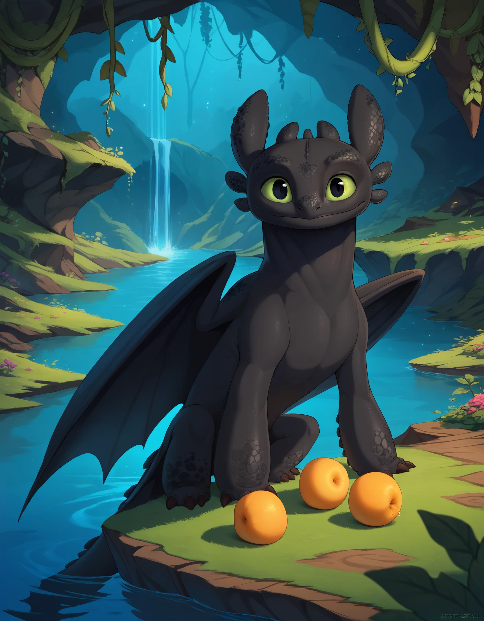 best quality, masterpiece, absurdly high resolution, source_furry, toothless_httyd, night fury, wide eyes, curious expression, in a cavern with lot of vegation, vines, glowing fruits, water, looking at viewer, inspecting viewer, 