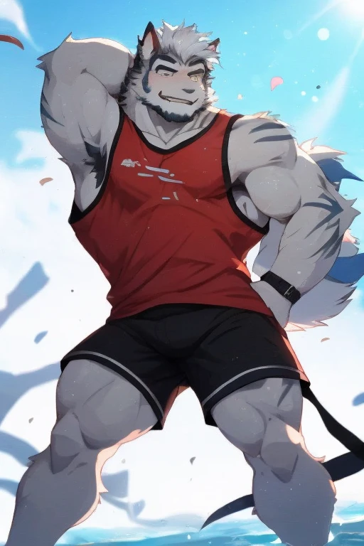 An Anime style Top Side Picture of A Very Muscular Kemono Furry Gray Wolf. He is only wear mostly white and Red T-Shirt and black shorts. His both hand is gripping together behind his head like a sexy pose. The background is All white. He have Gray messy and spikey hair. He is looking at the viewer but his head turn sideways of him. His eyes are little red and Very white. He is standing in the background. He look like a video game character. He is smiling with his mouth open little and blushes with blushes on his face. His tail is very long and gray. His crotch is buldge out from his shorts