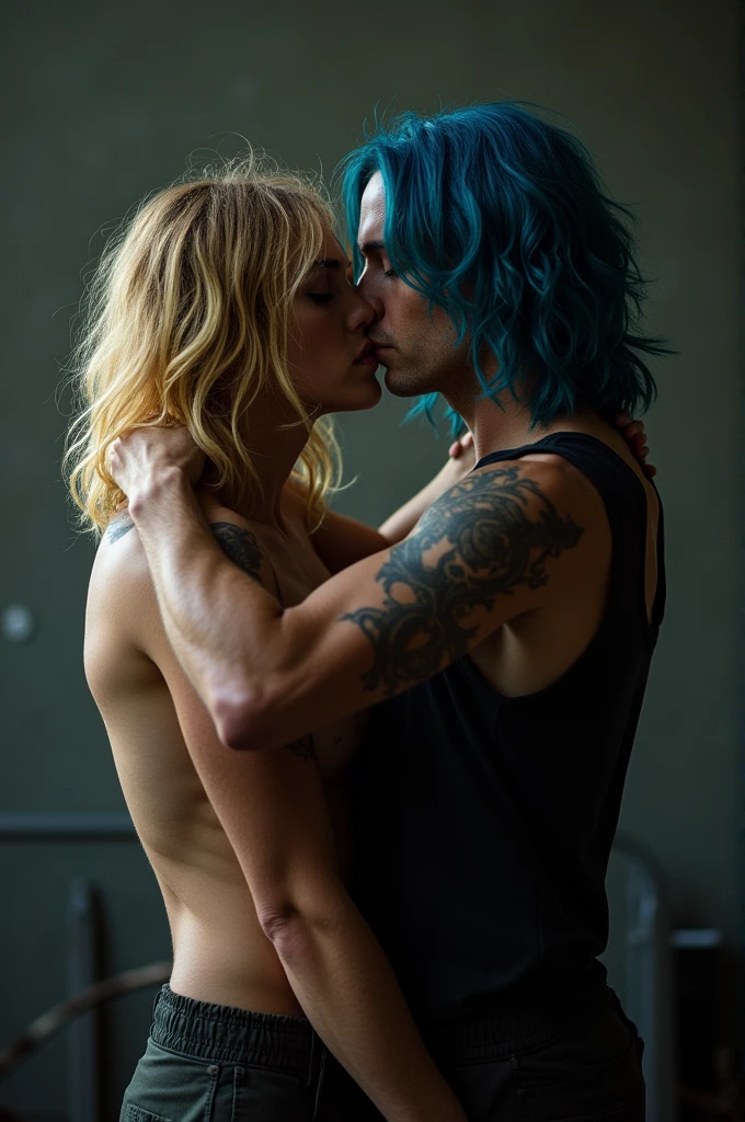 Style-Glass, award-winning photo, masterpiece, high quality, solo focus, woman, 1 girl, beautiful, blonde, , beautiful, beautiful girl face, couple with Kai Anderson, couple, romantic, Kai Anderson, American Horror Story, Evan Peters, Kai Anderson blue hair, shirtless man, dominant, forced, sexy, hot, couple kissing, kissing, making out, short outfit, little clothes, Man with blue hair American Horror Story character Kai Anderson both in bed,  Realistic bed realistic texture dramatic lighting IrrealEngine trending on Artstation Cinestill 800, Slim small woman delicate without muscles soft small waist, Man forcing kiss. (Strong big man and innocent blonde little woman). Blonde woman.