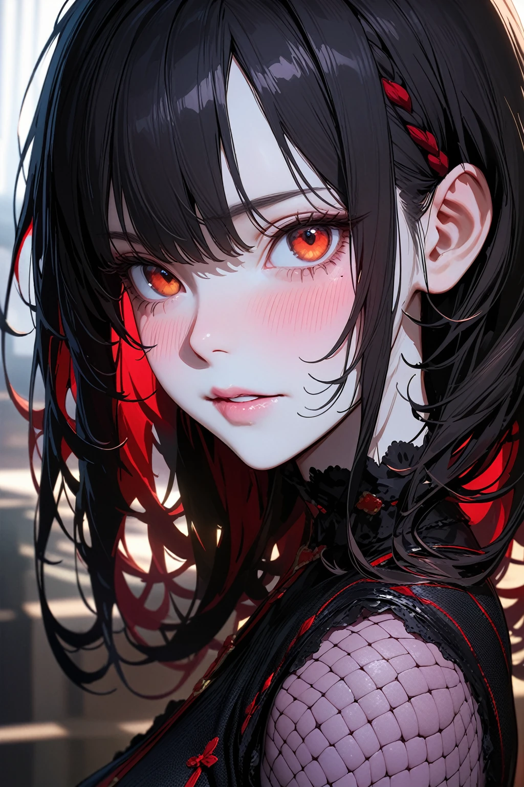 ((masterpiece)), ((best quality)), (ultra-detailed), ((extremely detailed)), 4K, (8K), best quality, (beautiful), close-up of face, detailed face, look up from below, focus on the face, city, town, a pretty woman, solo, demon, devil, beautiful black hair, beautiful red eyes, ((beautiful eyes)), long hair, lip, garter belt, horn, wings, necklace, ashamed, troubled expression, wind effect