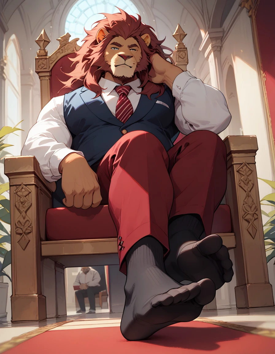 big, furry, muscular male, lion, mane hair, old man, sitting on throne, office socks, black socks, burgundy pants, sole visible, foot focus, low angle view