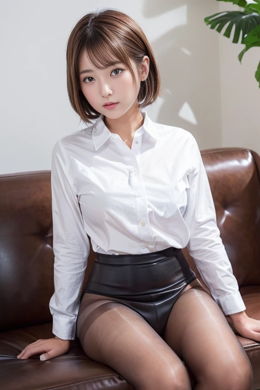 （8k、RAWphotograph、Highest quality、masterpiece：1.2),(Spread your legs wide,Spread your legs wide),Looking at the audience,Front view,strong,erotic,student,white、The bra is very,whiteい肌,knees,(Black Pantyhose),Absurd,Small face,The forehead is visible,(Embarrassing)、masterpiece,Highest quality、cute、student,JK Uniform,high school girl,Japanese women,Are standing,（Realistic：1.37）、Photon Mapping,Realistic、cuteSmall face,茶色のeye、Blurred Background、photograph,girl、body,Beautiful feet, Long legs, Thin legs,(前hairが見える), hair, lips, green_eye, Soft Nose,(whiteのシャツ), (Pleated skirt), kneesが見える,Light clothing,, thigh, Dark blue cotton socks,((Large firm breasts))、Cleavage、Unbutton your shirt and look at your chest、(The detailed shape of the female genitalia is clearly visible: 1.4), Masturbation Girl，Lift your skirt yourself、Highest quality、Dark brown bob hair、The genitals are wet