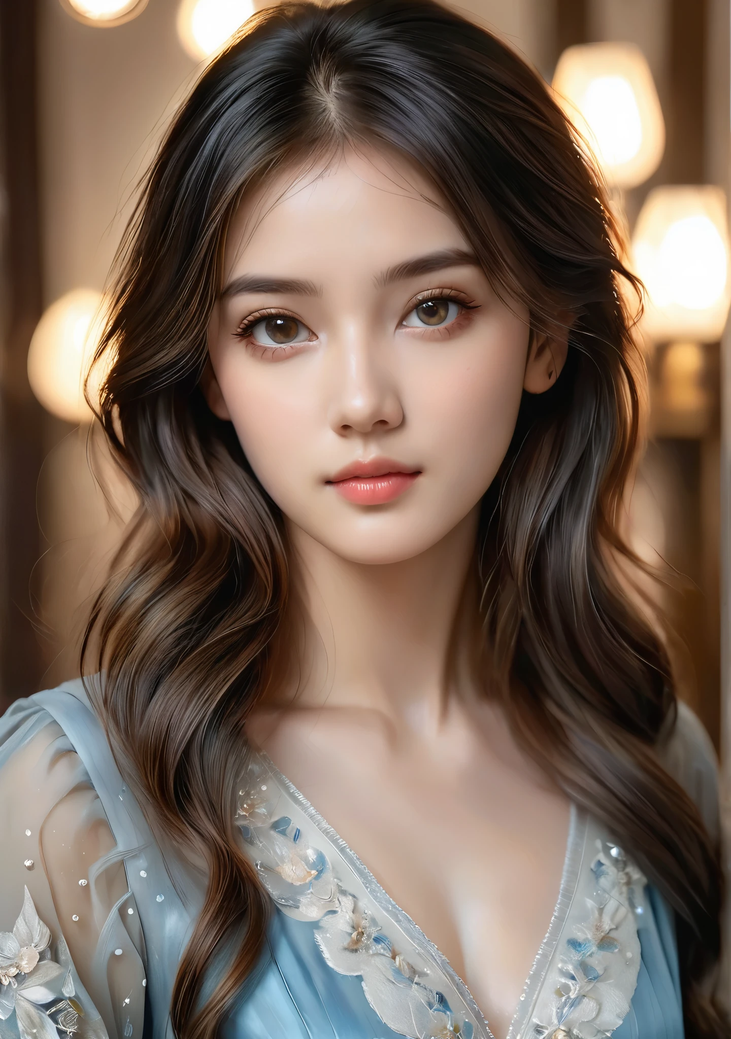 A beautiful girl in an elegant portrait, flowing paint washes, detailed face, photographic style, (best quality,4k,8k,highres,masterpiece:1.2),ultra-detailed,(realistic,photorealistic,photo-realistic:1.37),HDR,UHD,studio lighting,ultra-fine painting,sharp focus,physically-based rendering,extreme detail description,professional,vivid colors,bokeh,portrait