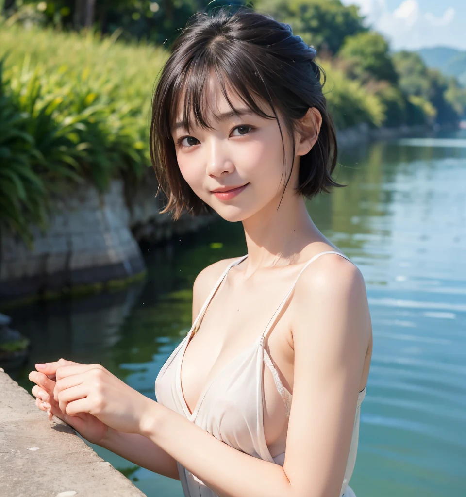 Highest quality、、 Compensate、masterpiece、Ultra-high resolution、Clear photos、Realistic、Realistic、(Very cute girl、beautiful girl、Baby Face、The cutest Yoda Yuki)、Small breasts、Flat Chest、thin、Tight waist、Round eyes、Very short hair、smile、Delicate face、Beautiful Skin、Ocean、water&#39;horn、Standing on a rock、(((Wearing a pink mini dress))、(Wet clothes)、Unbutton everything)、 Do not show the udder、Large erect nipples、(Lift the skirt yourself:1.8、Skirt flip:1.8、Showing white panties:1.8)、Full body photo:1.8