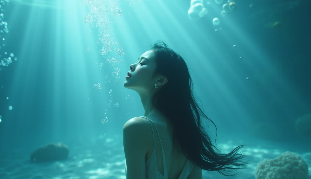 In the deep sea where only bubbles float、A slender beauty facing forward, Close your eyes, Open your arms,Take a deep breath towards the water.、Wearing a white shirt、healthy、clean々Expression、Her hair swayed like waves、
