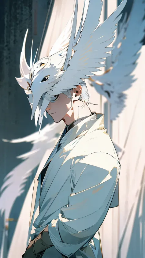 god of light, male, white-gold hair, white coat, angel mask, thin, long pants, focus on face, high detail, wearing angel mask, f...